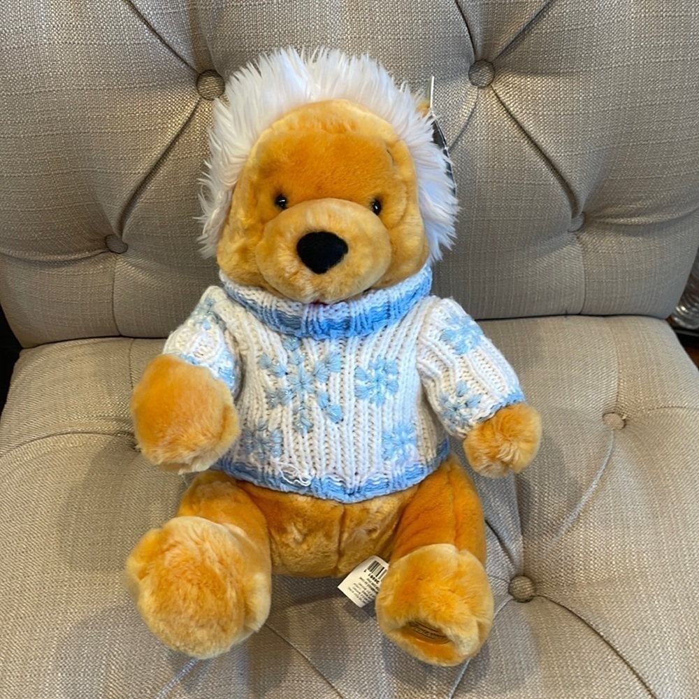 Disney Store Winnie the Pooh Blue White Snowflake Sweater Hat Plush 12"